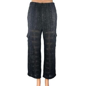 Religion Black Metallic Tweed Knit Straight High Waist Cargo Trousers Pants Sz M